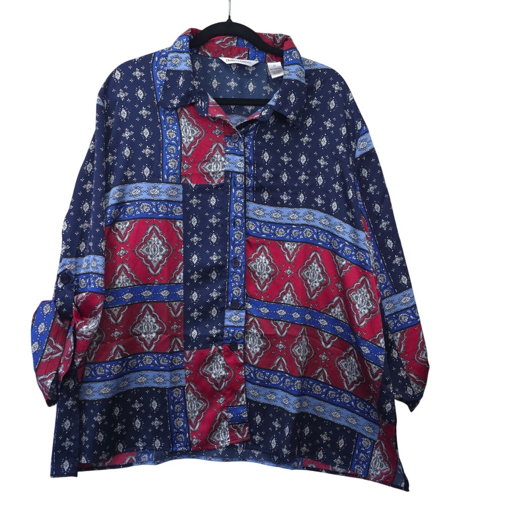 Drapers & Damons Women 2X Blouse Red Blue Paisley Patchwork Button Up Boho Artsy